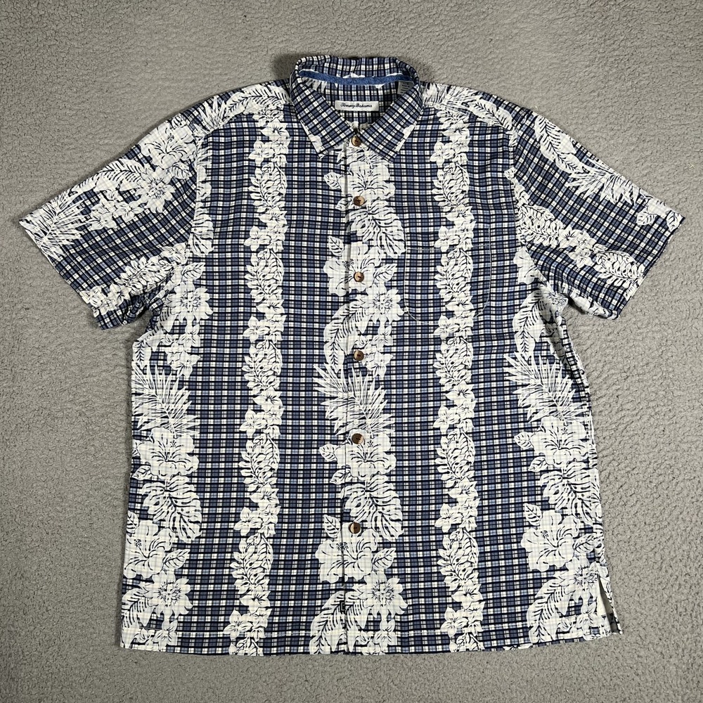 Tommy Bahama Shirt Mens Large Blue Floral Plaid 100% Silk Casual Preppy Pocket - Picture 2 of 12